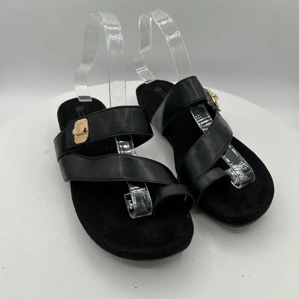 Giani Bernini Rilleyy Black Toe Loop Wedge Sandals Gold‎ Hardware Womens 7.5 New